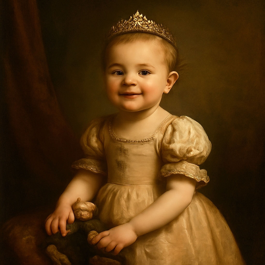A cheerful toddler stands on a black couch, wearing a light pink outfit with a crown design, holding a black and beige stuffed animal. Golden curly ribbons are scattered nearby, adding a festive touch to the cozy indoor scene.
