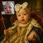 A curious baby fills the frame with wide blue eyes, an open-mouthed expression, a giant patterned bow, and the unmistakable energy of someone who has just discovered the camera and plans to investigate it personally.