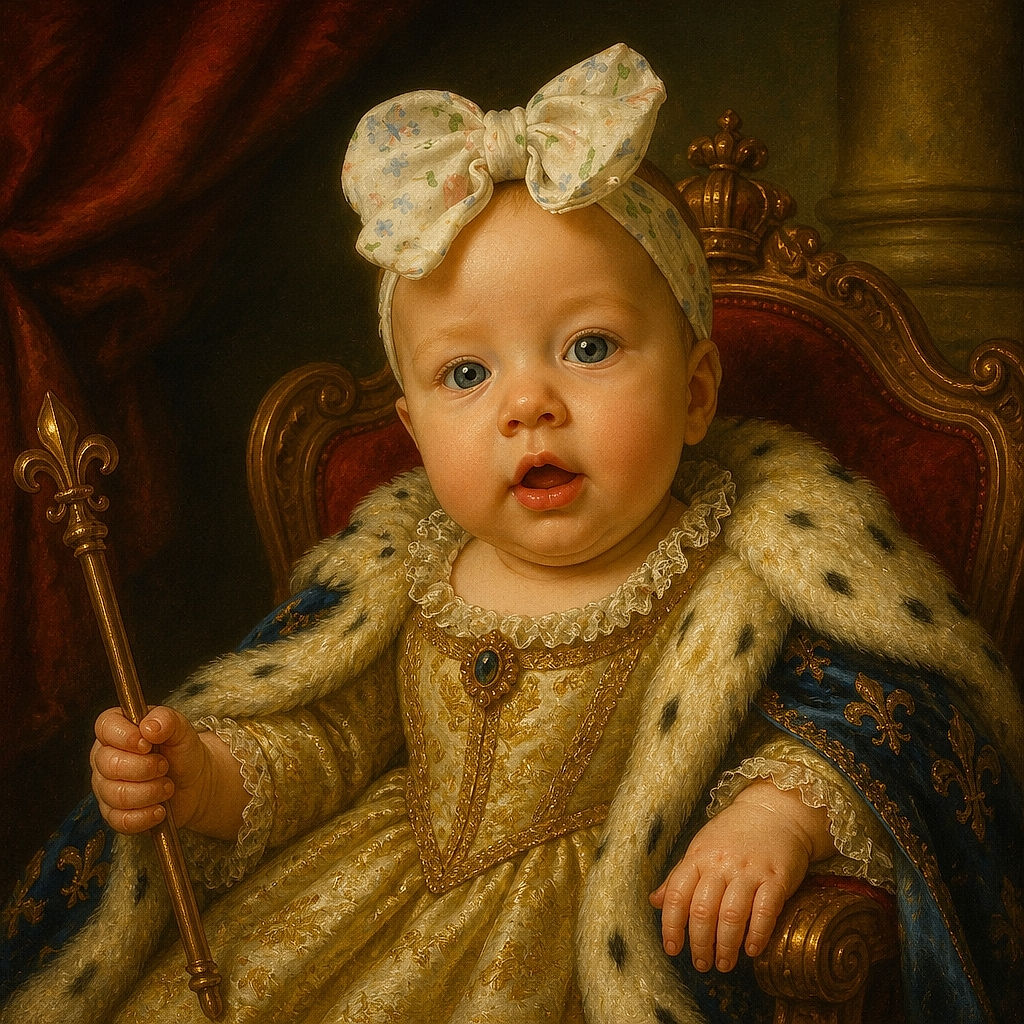 A curious baby fills the frame with wide blue eyes, an open-mouthed expression, a giant patterned bow, and the unmistakable energy of someone who has just discovered the camera and plans to investigate it personally.