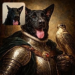 A close-up shot of a happy black dog with its tongue out, looking directly at the camera against a plain beige wall. The dog's large ears are perked up, and the image captures the texture of its fur and the shiny wet nose. The foreground shows a patterned fabric, adding a cozy home vibe.