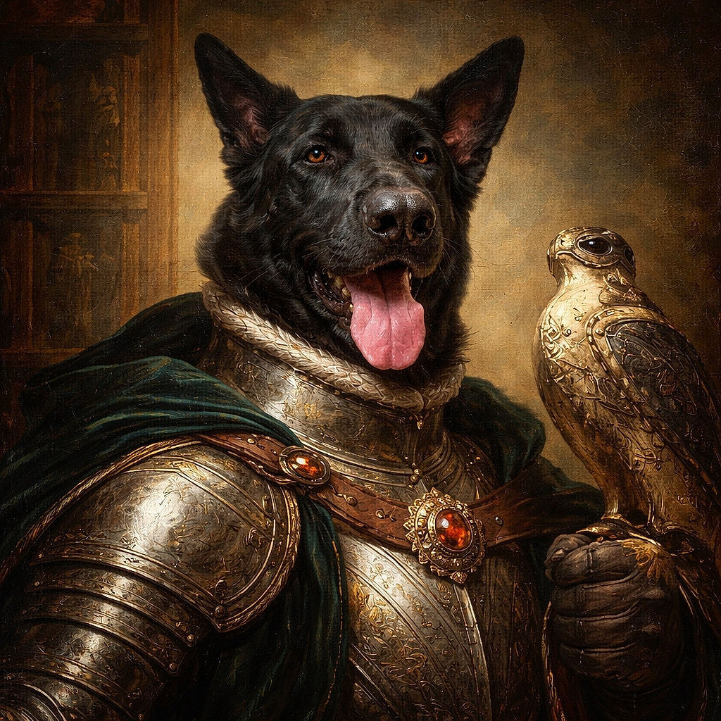 A close-up shot of a happy black dog with its tongue out, looking directly at the camera against a plain beige wall. The dog's large ears are perked up, and the image captures the texture of its fur and the shiny wet nose. The foreground shows a patterned fabric, adding a cozy home vibe.