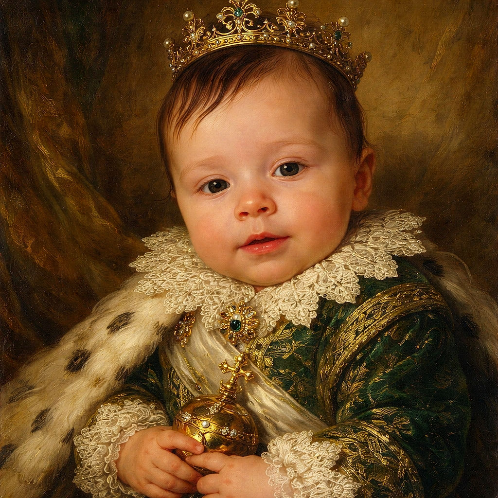 A sleepy, sunlit baby in a green alligator onesie lies on a textured blanket while a curious finger points toward them — cute, cozy, and slightly puzzled expression with soft morning light on their face.