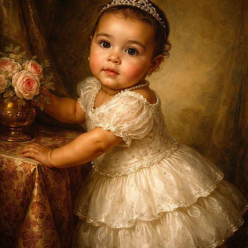 A chubby-cheeked toddler stands confidently against a beige wall, dressed in an adorable white outfit with tiny prints, looking curiously to the side as if plotting their next adventure. The cozy room with soft lighting and a floral arrangement in the background adds warmth and charm to the scene.