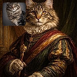 A majestic fluffy tabby cat stares intently with golden eyes, its fur beautifully detailed against a soft, dark background, looking like the regal ruler of the living room kingdom.