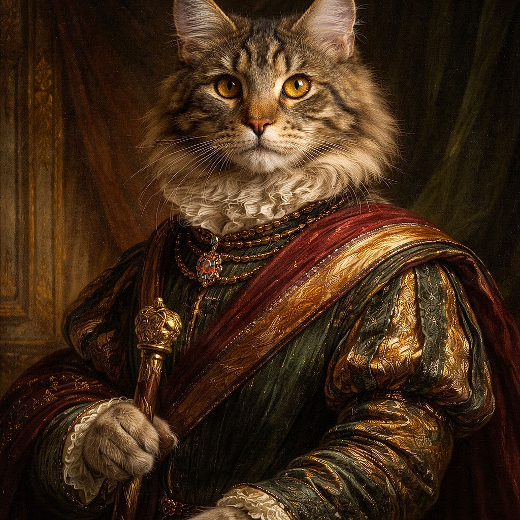 A majestic fluffy tabby cat stares intently with golden eyes, its fur beautifully detailed against a soft, dark background, looking like the regal ruler of the living room kingdom.