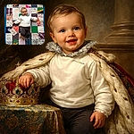 A joyful baby lying on a colorful patchwork quilt, smiling brightly with arms outstretched, wearing a white sweater and dark pants. The quilt features various patterns, including florals, stripes, and whimsical designs, creating a cozy and vibrant backdrop. A milestone card reading '9 mois' is placed beside the baby, adding a charming touch to the photo.