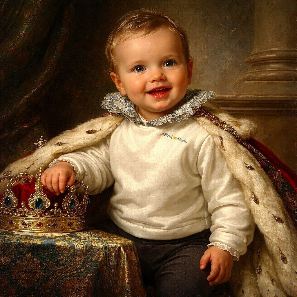 A joyful baby lying on a colorful patchwork quilt, smiling brightly with arms outstretched, wearing a white sweater and dark pants. The quilt features various patterns, including florals, stripes, and whimsical designs, creating a cozy and vibrant backdrop. A milestone card reading '9 mois' is placed beside the baby, adding a charming touch to the photo.