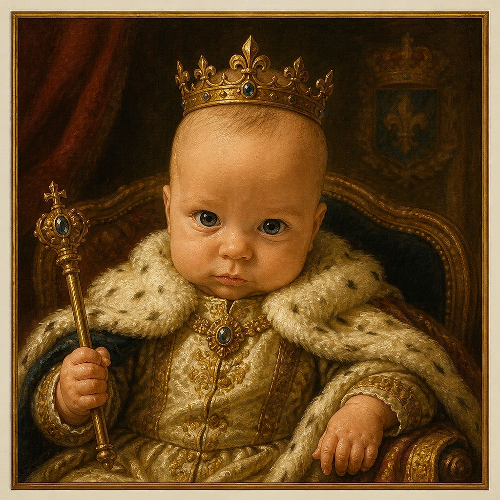 A wide-eyed baby gazes at the camera with the serious concentration of a tiny detective, wrapped in a cozy cream sweater while an adult peeks in from the side and stuffed animals supervise from the bathroom cabinet.