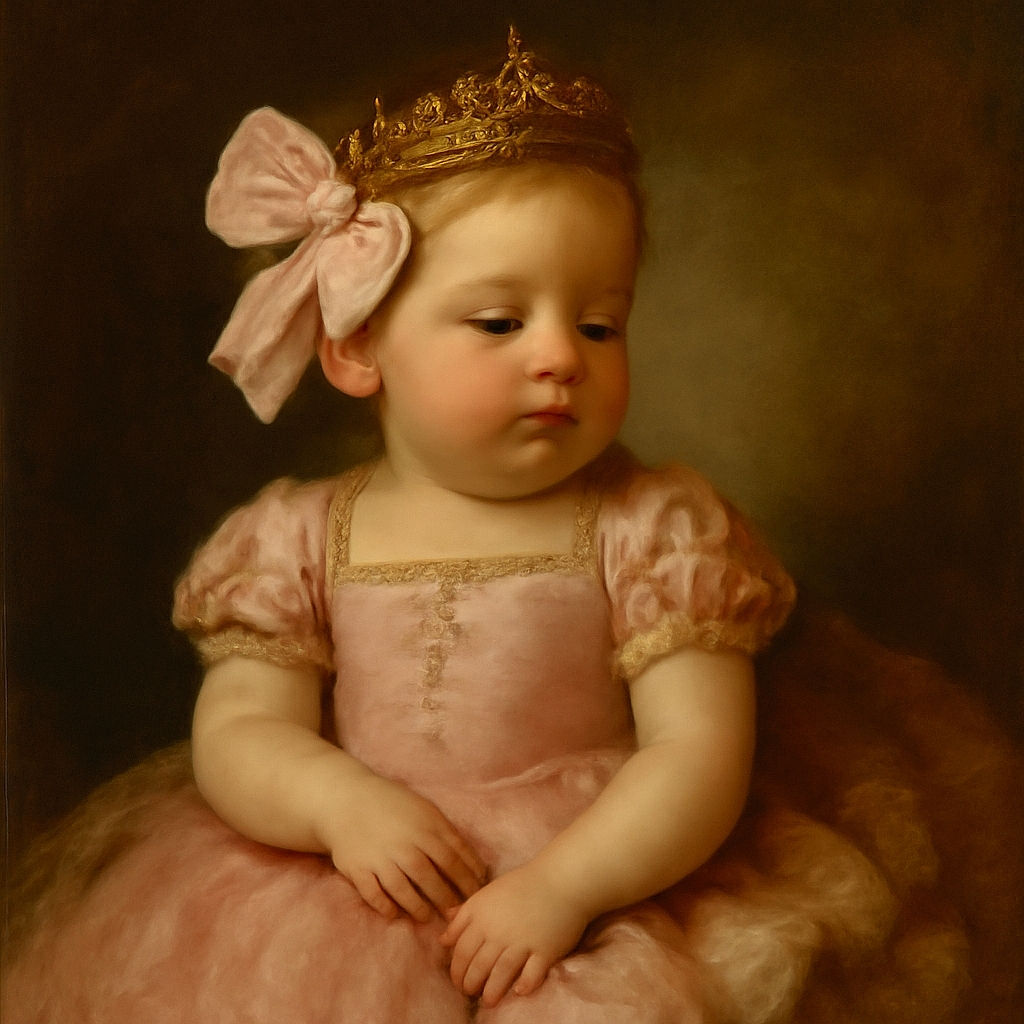 A peaceful newborn baby girl is sound asleep on a white bed, dressed in a floral onesie and a frilly pink tutu skirt, topped with an oversized matching bow headband. The soft lighting and gentle folds of the bedding add a serene, angelic vibe to this adorable portrait.