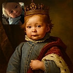 A close-up photo of a baby wrapped in a soft blue blanket, looking curiously at the camera with a gentle smile, while an adult's lower face is partially visible in the background, creating an intimate and cozy atmosphere.