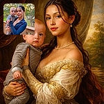 A cheerful moment: a confident adult posing on a wooden balcony, cradling a curious, wide‑eyed baby while golden sunset light filters through the trees behind them — the baby looks ready to negotiate bedtime, the grown-up looks ready to negotiate snack time. Trees, parked cars, and a picnic table make cameo appearances in the leafy background.