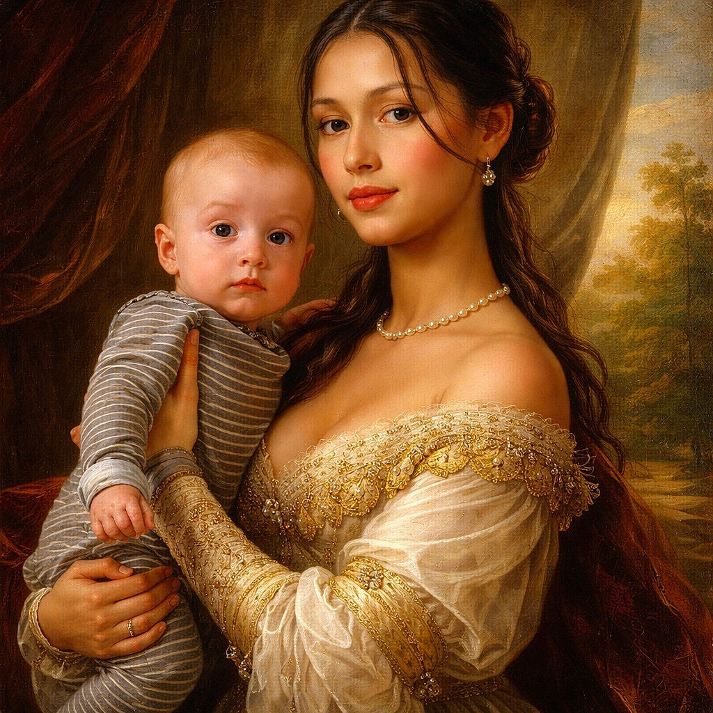 A cheerful moment: a confident adult posing on a wooden balcony, cradling a curious, wide‑eyed baby while golden sunset light filters through the trees behind them — the baby looks ready to negotiate bedtime, the grown-up looks ready to negotiate snack time. Trees, parked cars, and a picnic table make cameo appearances in the leafy background.