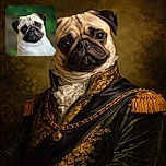 A close-up portrait of a pug with soulful eyes and a wrinkled face, looking curiously at the camera against a softly blurred green background.