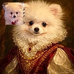 A fluffy white Pomeranian puppy with big, shiny eyes and a cute black nose looks adorably curious while snuggled up against a cozy background of warm-toned fabrics and soft lace.