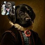 A charming black puppy wearing a pastel blue harness adorned with a pink flower sits comfortably on a soft surface, looking up with big, soulful eyes that could melt anyone's heart. The background is a cozy mix of blankets and cushions, making it a perfect candid moment of puppy adorableness.