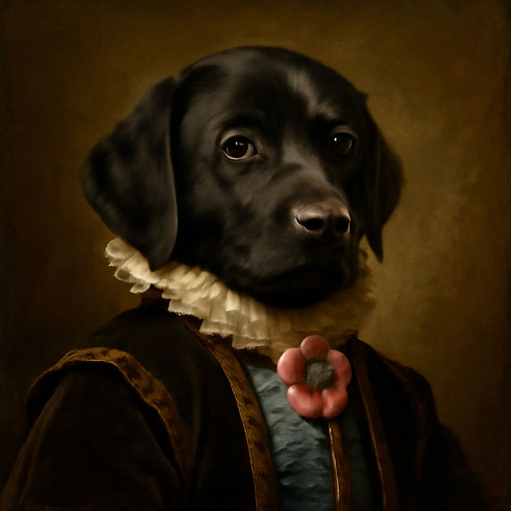A charming black puppy wearing a pastel blue harness adorned with a pink flower sits comfortably on a soft surface, looking up with big, soulful eyes that could melt anyone's heart. The background is a cozy mix of blankets and cushions, making it a perfect candid moment of puppy adorableness.