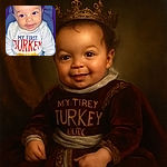 A cute baby with big sparkling eyes and a tiny smile is sitting comfortably, wearing a festive shirt that proudly announces 'My First Turkey Day'. The baby is bundled up in striped pants with a cozy backdrop, and there's a playful Snapchat-style text overlay celebrating their first Thanksgiving with heart and turkey emojis.