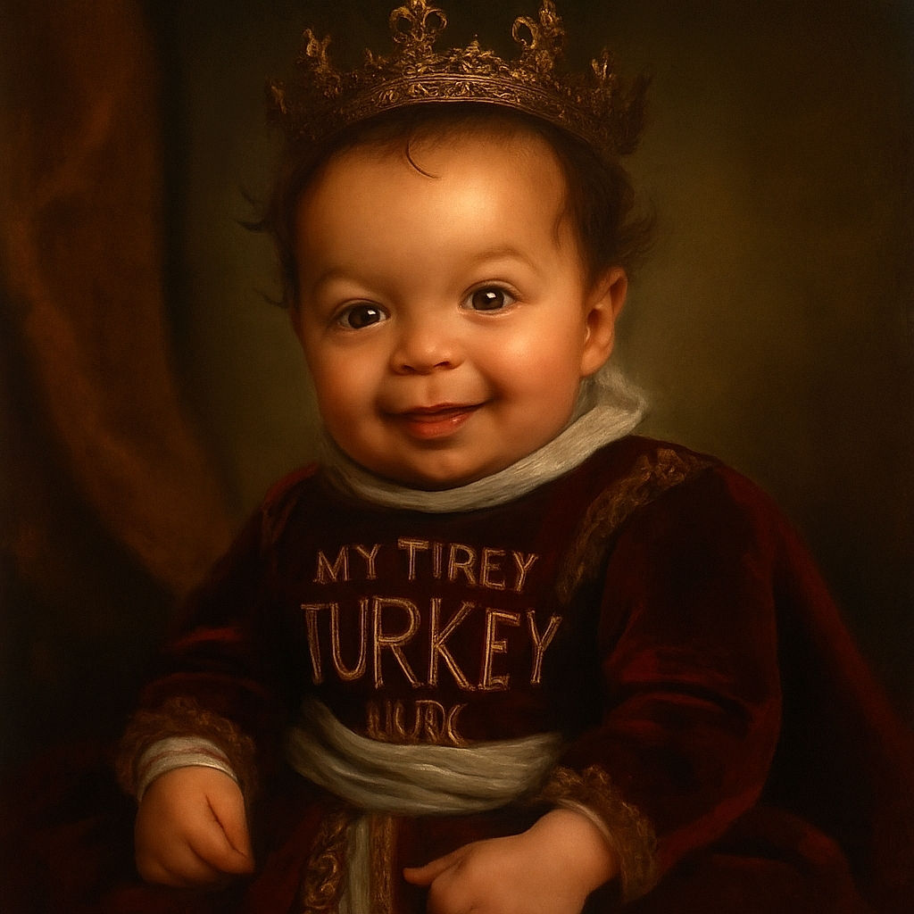 A cute baby with big sparkling eyes and a tiny smile is sitting comfortably, wearing a festive shirt that proudly announces 'My First Turkey Day'. The baby is bundled up in striped pants with a cozy backdrop, and there's a playful Snapchat-style text overlay celebrating their first Thanksgiving with heart and turkey emojis.