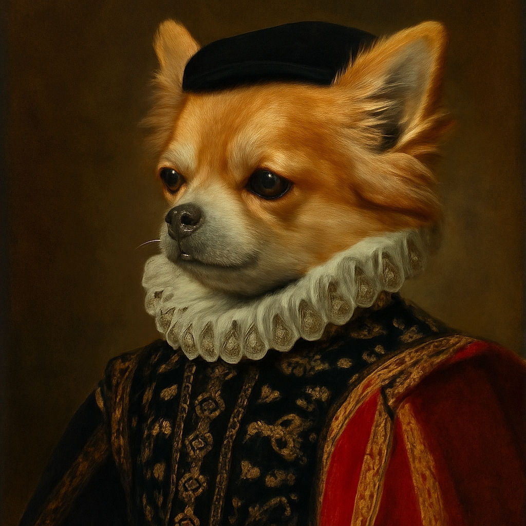 A fluffy, regal-looking dog wearing a cozy red sweater gazes thoughtfully into the distance, with a soft-focus natural background that highlights its expressive eyes and luxurious fur.