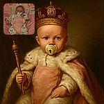 A tiny baby nestled comfortably in a colorful cushioned baby seat, sucking on a pacifier, dressed in a cozy animal-patterned onesie with soft socks, surrounded by playful pastel patterns and a hint of warning labels on the side.