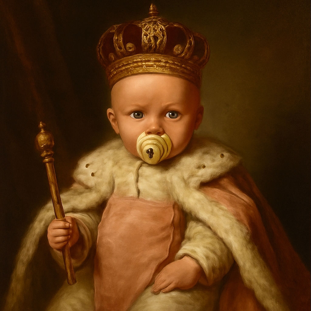 A tiny baby nestled comfortably in a colorful cushioned baby seat, sucking on a pacifier, dressed in a cozy animal-patterned onesie with soft socks, surrounded by playful pastel patterns and a hint of warning labels on the side.