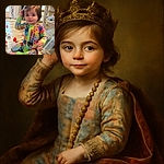 A cute toddler in a colorful puzzle-piece onesie sits on the floor surrounded by toys, looking curiously at the camera while playfully touching their hair. The background shows a cozy home setting with shelves and scattered toys adding to the playful atmosphere.