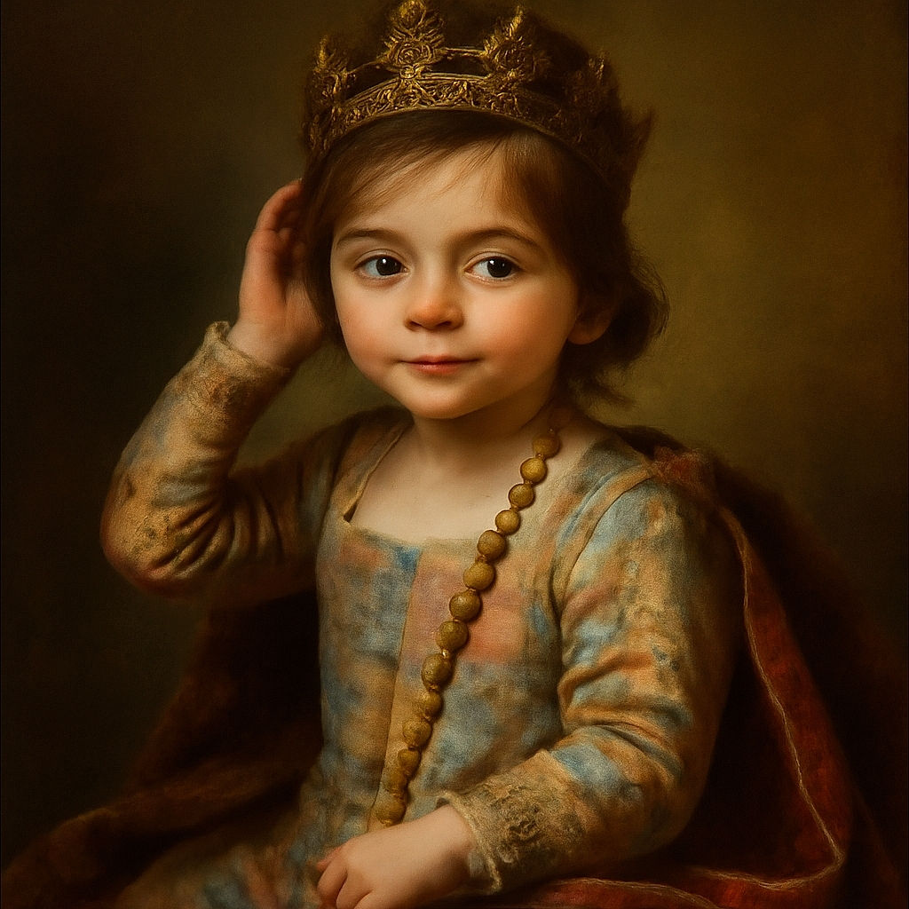 A cute toddler in a colorful puzzle-piece onesie sits on the floor surrounded by toys, looking curiously at the camera while playfully touching their hair. The background shows a cozy home setting with shelves and scattered toys adding to the playful atmosphere.