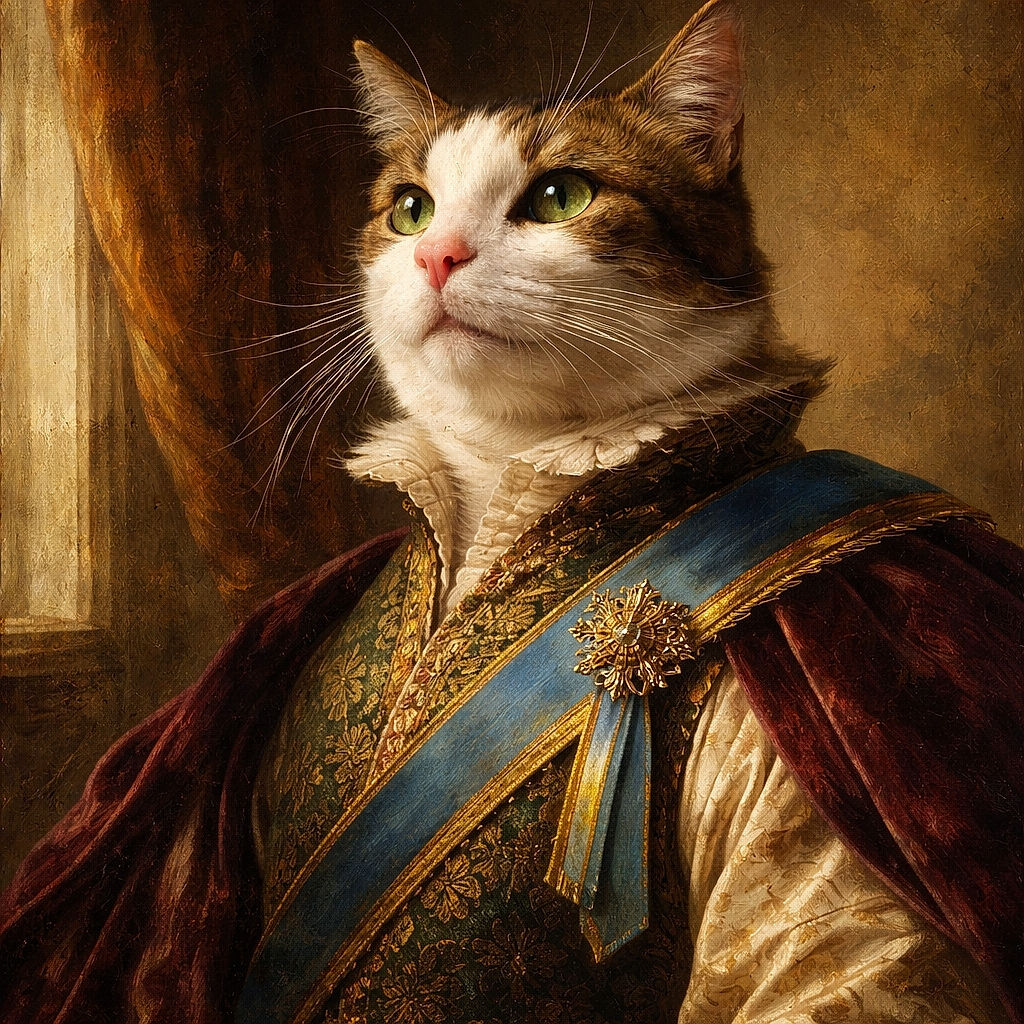 A regal cat soaks up golden sunlight, chin raised like royalty and whiskers spread like victory flags — plotting world domination between naps while its pink nose and green eyes steal the show.