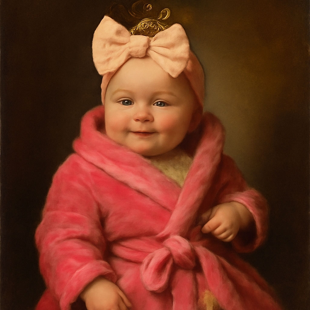 A cheerful baby wrapped snugly in a fluffy pink robe with a large bow headband, sitting comfortably on a beige couch, flashing a sweet smile that could melt hearts.