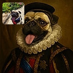 A happy pug with its tongue hanging out, wearing a red and black harness, sits on a sunny sidewalk next to a colorful patch of flowers and greenery. The dog looks excited and ready for an adventure, with a shiny black car and a bright, flowery garden in the background.