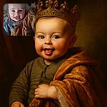 A cheerful baby with sparkling blue eyes and a big smile sticks out their tongue playfully while wrapped in a cozy brown blanket, lying on a cute animal-themed bedding with a little toy jeep illustration in the background.