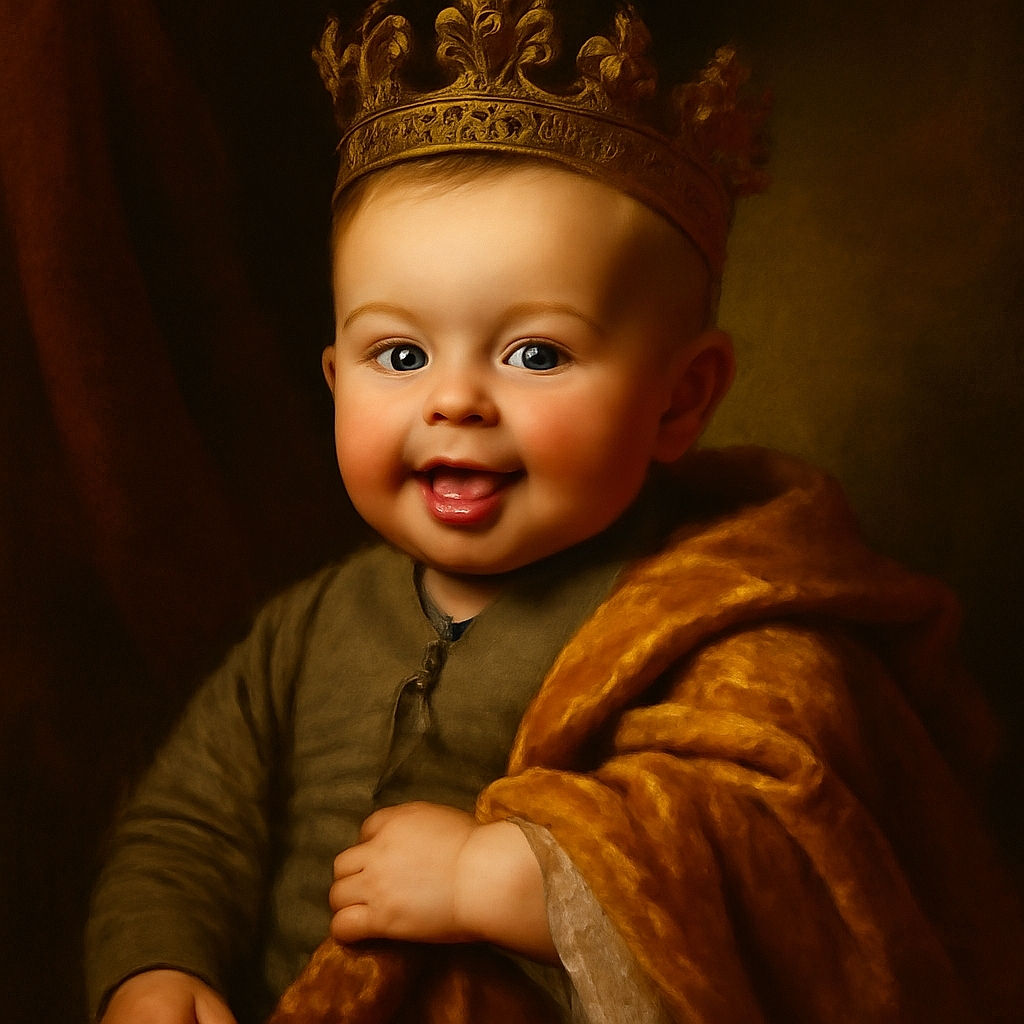 A cheerful baby with sparkling blue eyes and a big smile sticks out their tongue playfully while wrapped in a cozy brown blanket, lying on a cute animal-themed bedding with a little toy jeep illustration in the background.