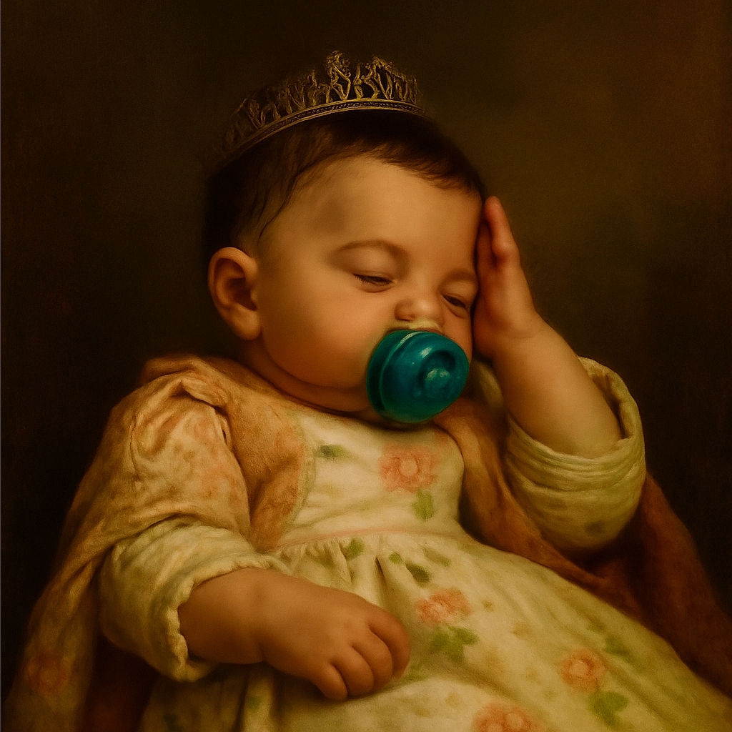 A peaceful baby snoozes soundly in a cozy floral-patterned car seat, wrapped snugly in a soft white blanket adorned with pink and green flowers, pacifier in mouth and one hand resting thoughtfully on the forehead.