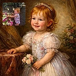 A joyful toddler with bright red hair is reaching out to touch vibrant pink and white flowers in a sunny garden center, surrounded by large green potted plants and standing on a gravel path.