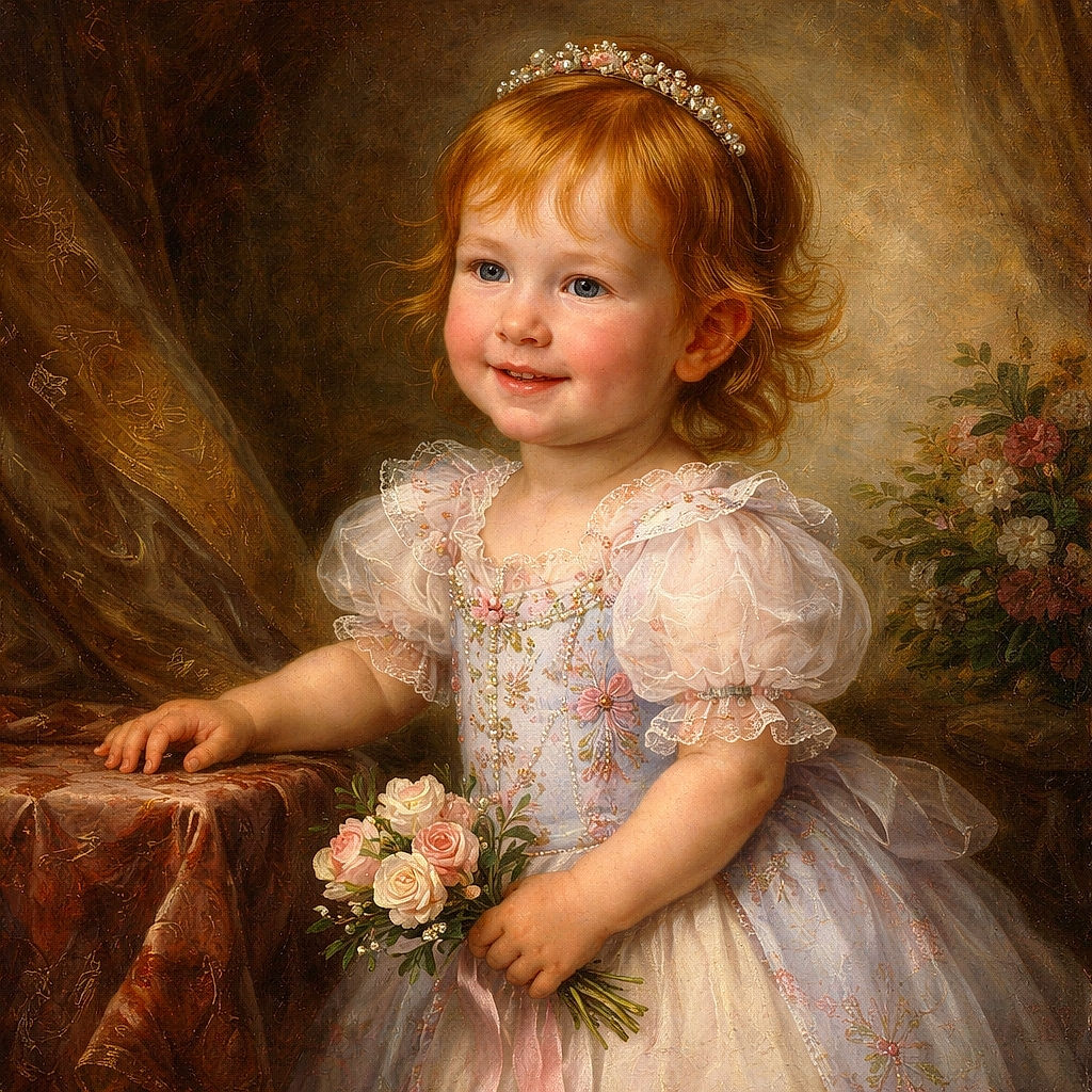 A joyful toddler with bright red hair is reaching out to touch vibrant pink and white flowers in a sunny garden center, surrounded by large green potted plants and standing on a gravel path.