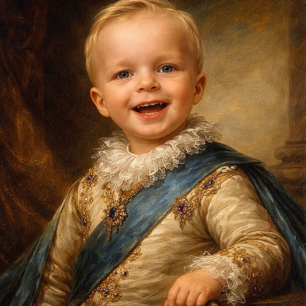 A cheerful young child with light hair beams brightly at the camera, wearing a casual jacket and white shirt. The black-and-white photo captures a joyful moment with a soft, textured background that adds a timeless feel.