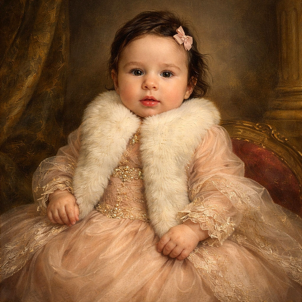 A fuzzy-scarved baby lounges like a tiny fashion influencer — bow in the hair, tongue peeking, and a bright teether staging a colorful cameo at the edge of the frame. Cozy, adorable, and full of snack-demand potential.