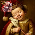 A heartwarming scene of a baby dressed in a festive red outfit with white snowflakes and a Santa hat, peacefully smiling with eyes closed while hugging a soft towel, surrounded by beautifully wrapped Christmas presents and a glowing Christmas tree in the background.