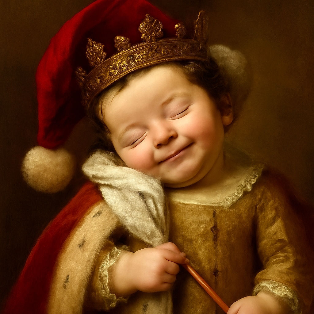 A heartwarming scene of a baby dressed in a festive red outfit with white snowflakes and a Santa hat, peacefully smiling with eyes closed while hugging a soft towel, surrounded by beautifully wrapped Christmas presents and a glowing Christmas tree in the background.