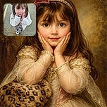 A wide-eyed little girl with a large purple bow headband and fluffy white coat looks up with her hands framing her cheeks, standing on a concrete pavement with a playful and curious expression.