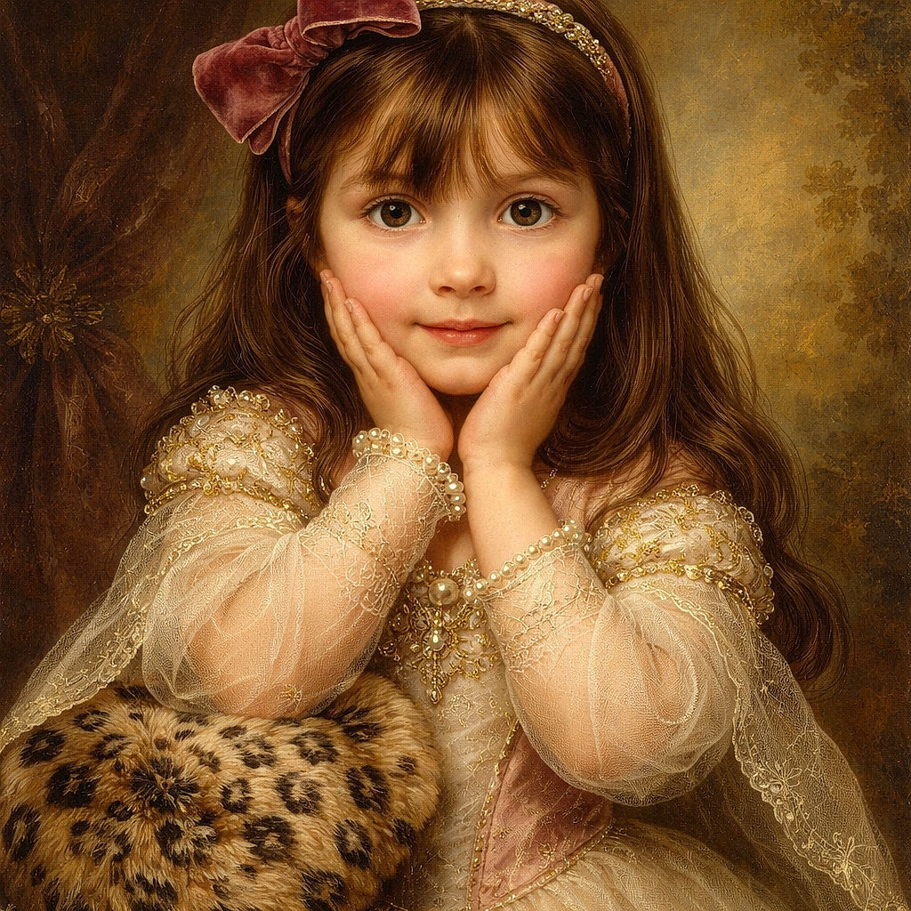 A wide-eyed little girl with a large purple bow headband and fluffy white coat looks up with her hands framing her cheeks, standing on a concrete pavement with a playful and curious expression.