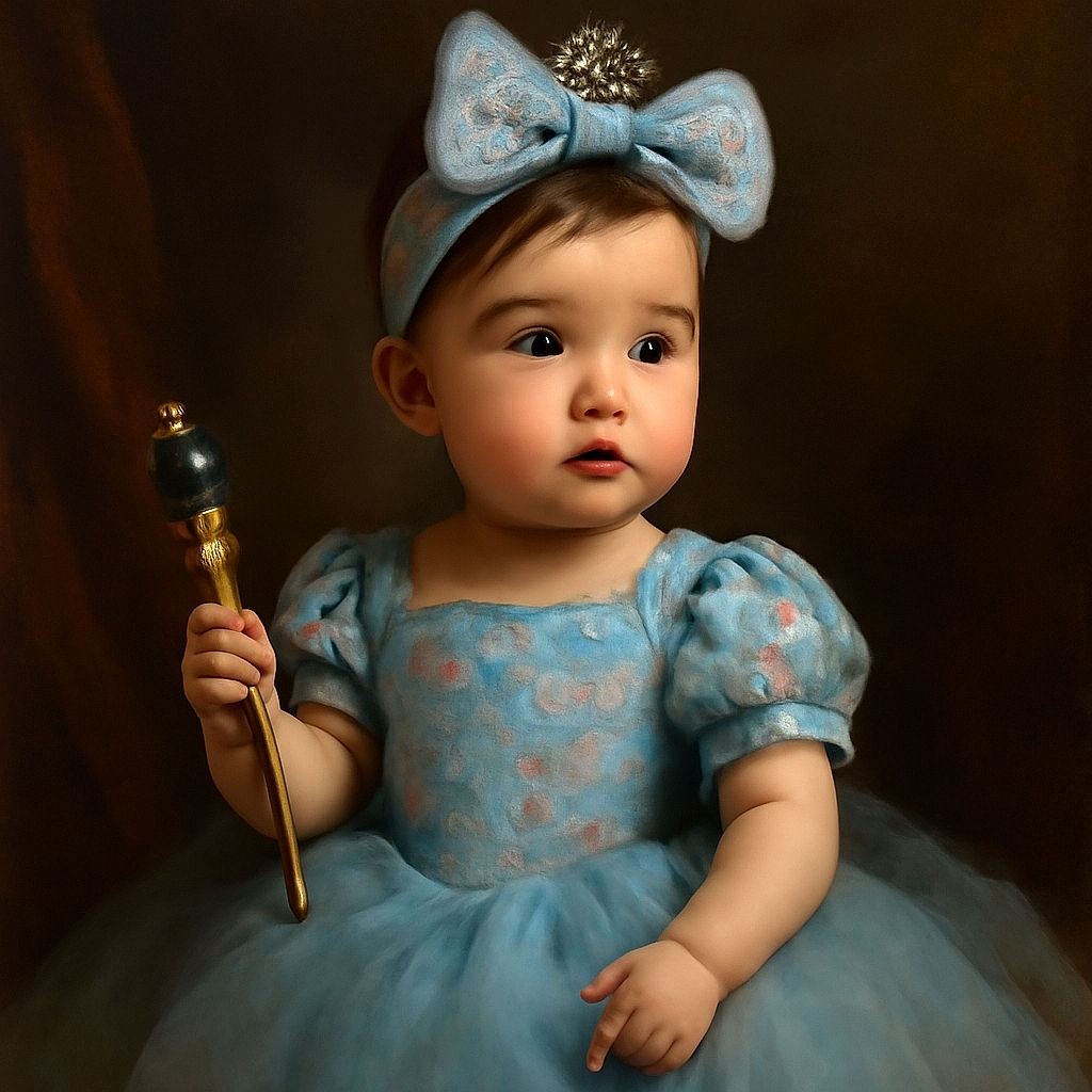 A wide-eyed toddler dressed in a fluffy blue tutu and matching floral headband holds up a tiny doll, looking curiously off to the side against a plain wall backdrop.