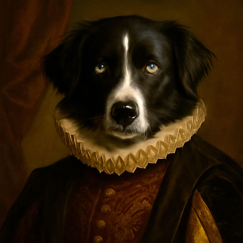 A striking black and white dog with mesmerizing icy blue eyes lounges comfortably on a colorful bedspread, staring intently into the camera with a calm and soulful expression.