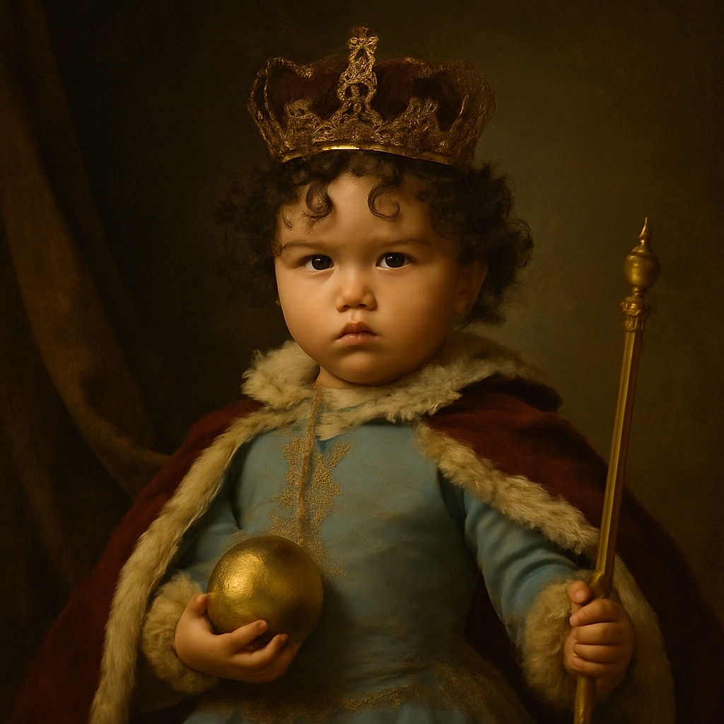 A curious toddler with curly hair sits in a bright blue inflatable ball pit, clutching a green ball, surrounded by colorful plastic balls and tubes, wearing a cute Mickey Mouse hoodie and white socks, with an expression of wonder and slight surprise.