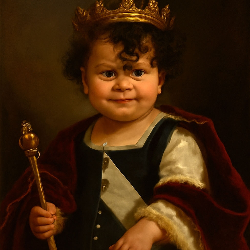 A charming toddler with a mischievous smile sports a stylish black and white outfit, complete with a cute curl falling over their forehead and a golden necklace, sitting comfortably with a hand resting nearby.