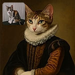 A curious calico cat with big round eyes sits attentively on a dark surface against a plain white paneled wall, looking like it's ready to pounce on invisible prey or demand some treats.