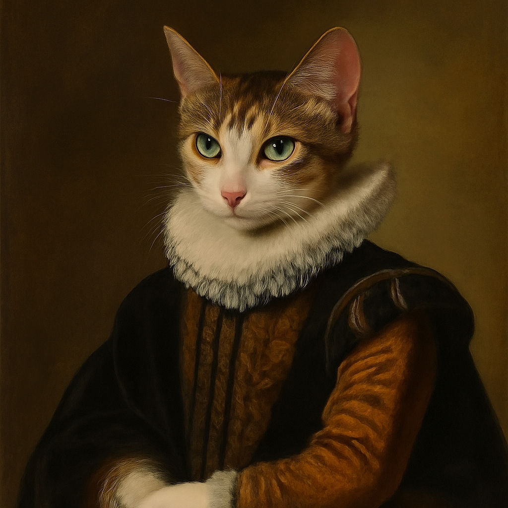 A curious calico cat with big round eyes sits attentively on a dark surface against a plain white paneled wall, looking like it's ready to pounce on invisible prey or demand some treats.