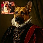 Two dogs lounging comfortably on a cozy bed with patchwork blankets; one dog, a German Shepherd mix, is in the foreground looking alert, while a smaller black dog sits in the background, creating a charming duo of furry friends relaxing indoors.