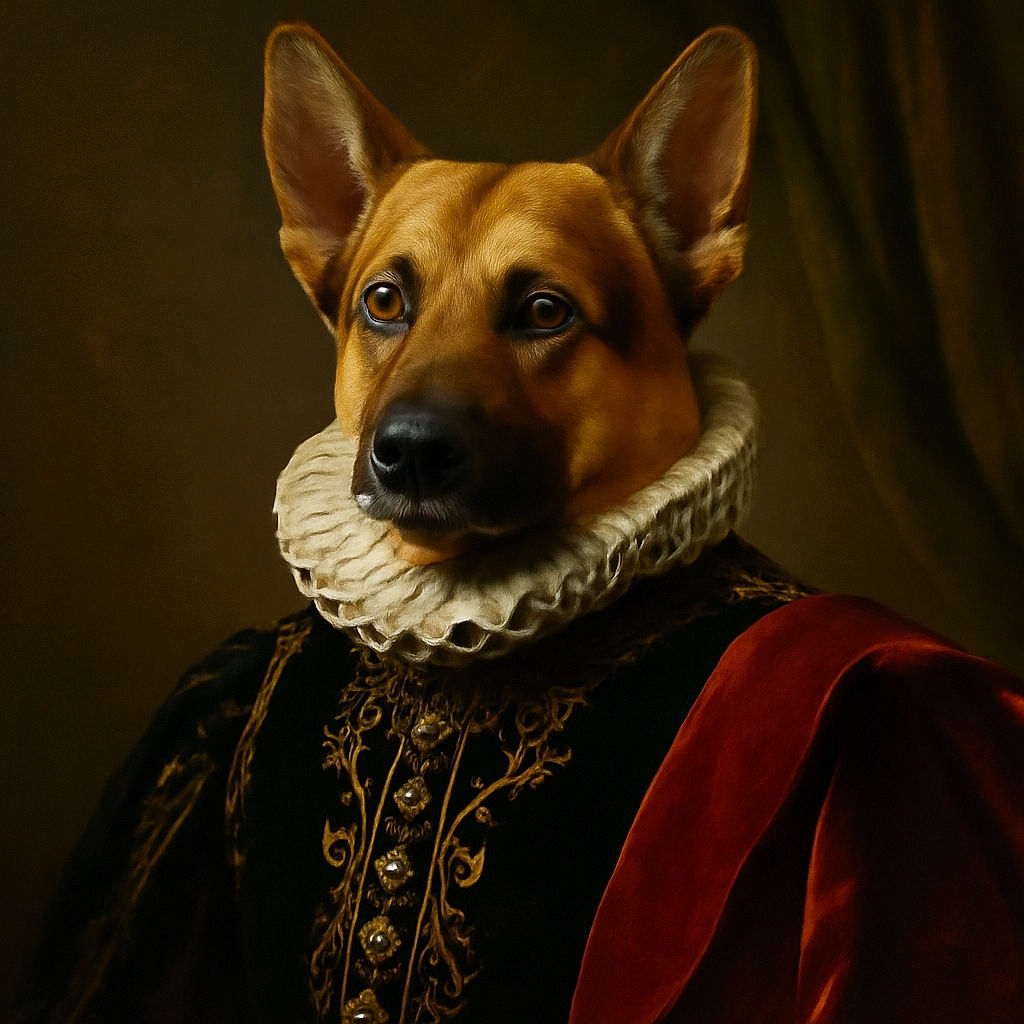 Two dogs lounging comfortably on a cozy bed with patchwork blankets; one dog, a German Shepherd mix, is in the foreground looking alert, while a smaller black dog sits in the background, creating a charming duo of furry friends relaxing indoors.