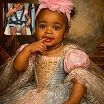 A charming baby girl sits comfortably in a stroller, wearing a large pink flower headband and a denim outfit. She has a curious expression with one finger near her mouth, looking adorable and thoughtful.